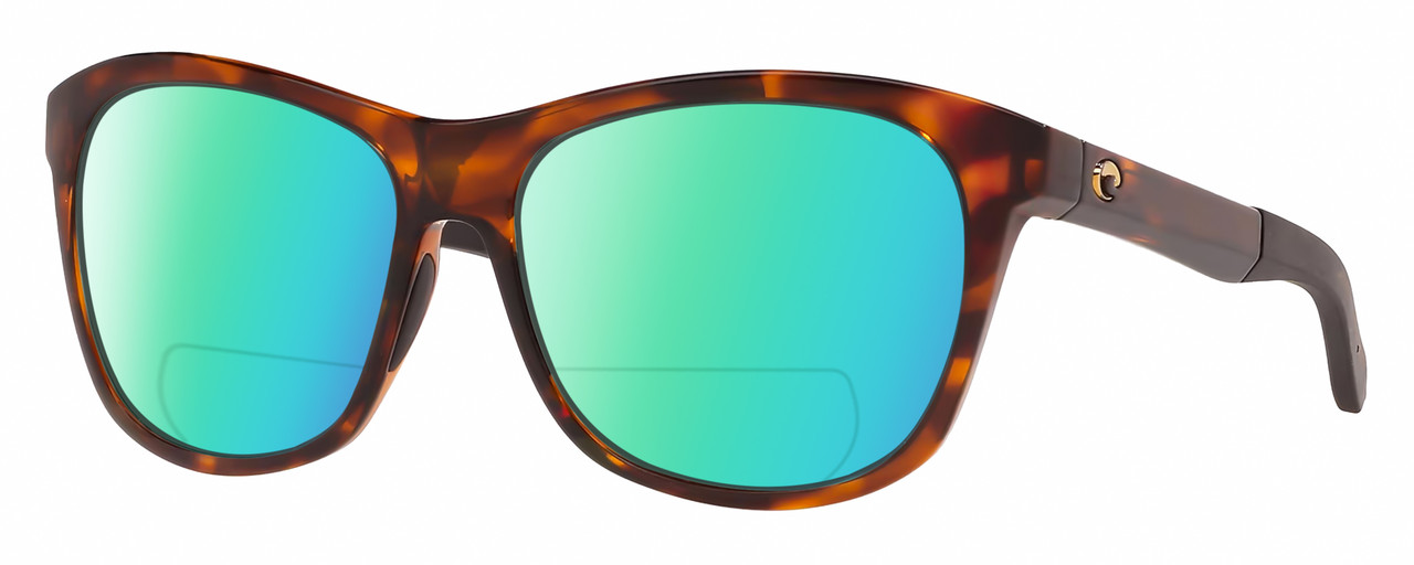 Profile View of Costa Del Mar Vela Designer Polarized Reading Sunglasses with Custom Cut Powered Green Mirror Lenses in Shiny Amber Brown Tortoise Havana Black Unisex Cat Eye Full Rim Acetate 56 mm