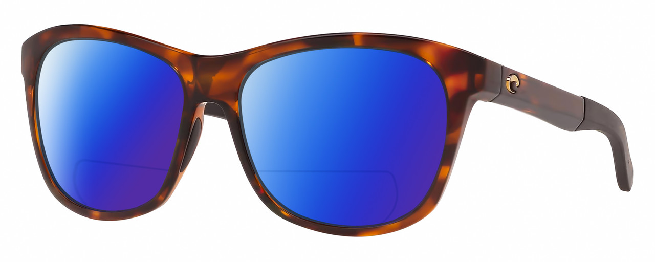 Profile View of Costa Del Mar Vela Designer Polarized Reading Sunglasses with Custom Cut Powered Blue Mirror Lenses in Shiny Amber Brown Tortoise Havana Black Unisex Cat Eye Full Rim Acetate 56 mm