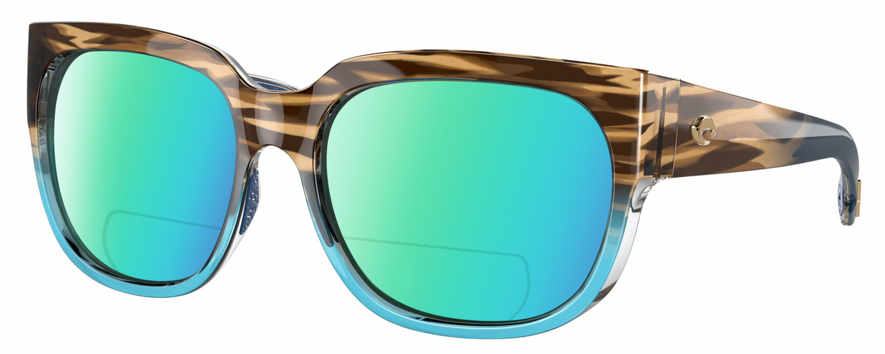 Profile View of Costa Del Mar Waterwoman II Designer Polarized Reading Sunglasses with Custom Cut Powered Green Mirror Lenses in Shiny Brown Beige Blue Clear Crystal Wahoo Ladies Cat Eye Full Rim Acetate 58 mm