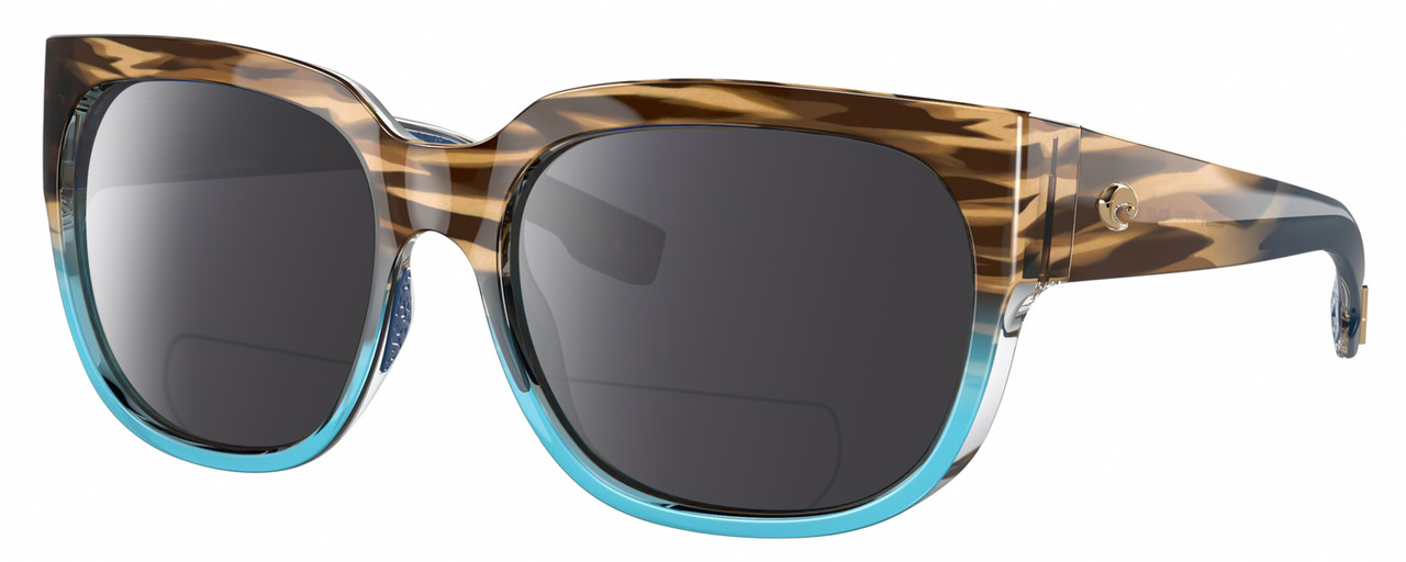 Profile View of Costa Del Mar Waterwoman II Designer Polarized Reading Sunglasses with Custom Cut Powered Smoke Grey Lenses in Shiny Brown Beige Blue Clear Crystal Wahoo Ladies Cat Eye Full Rim Acetate 58 mm