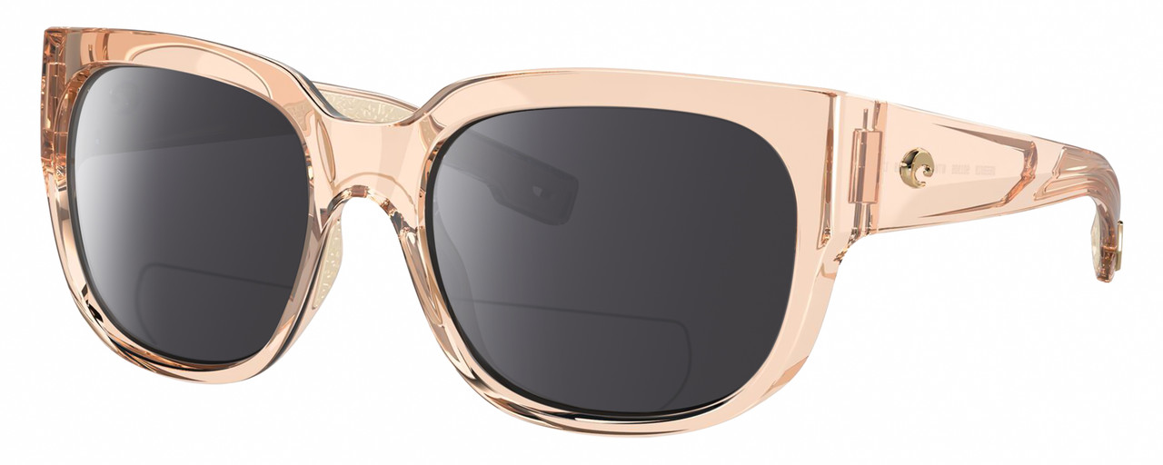 Profile View of Costa Del Mar Waterwoman Designer Polarized Reading Sunglasses with Custom Cut Powered Smoke Grey Lenses in Shiny Blonde Crystal Beige Ladies Cat Eye Full Rim Acetate 55 mm