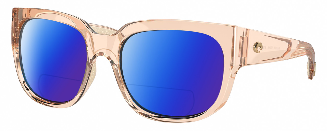 Profile View of Costa Del Mar Waterwoman Designer Polarized Reading Sunglasses with Custom Cut Powered Blue Mirror Lenses in Shiny Blonde Crystal Beige Ladies Cat Eye Full Rim Acetate 55 mm