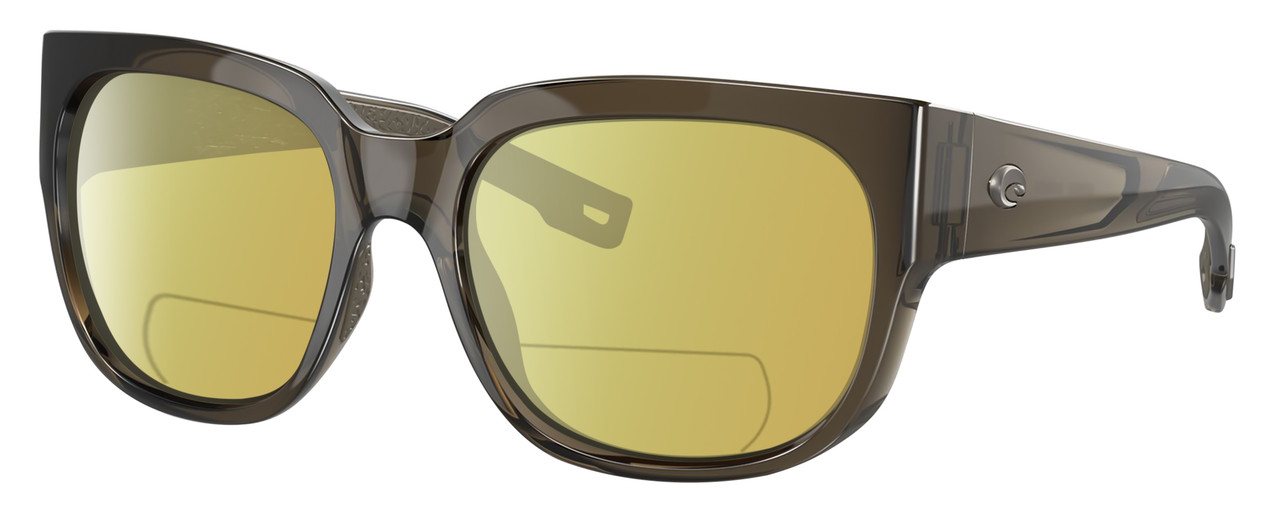 Profile View of Costa Del Mar Waterwoman Designer Polarized Reading Sunglasses with Custom Cut Powered Sun Flower Yellow Lenses in Taupe Gray Brown Crystal Ladies Cat Eye Full Rim Acetate 55 mm