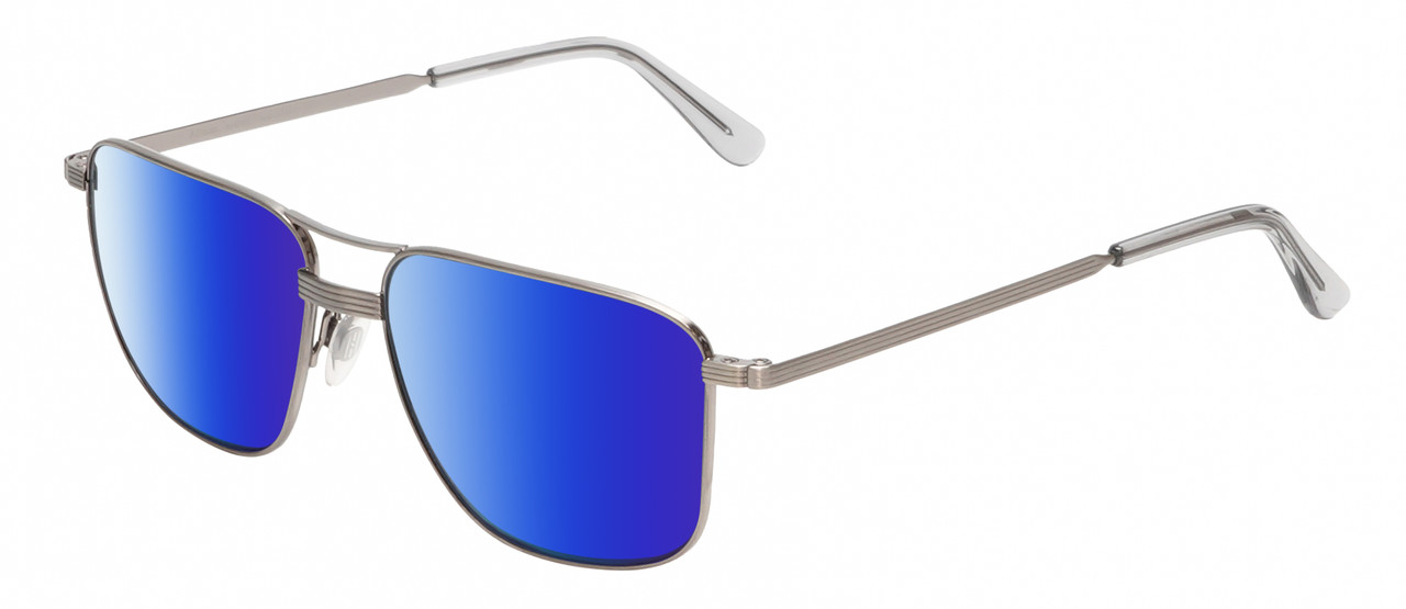 Profile View of American Optical Airman Designer Polarized Sunglasses with Custom Cut Blue Mirror Lenses in Satin Pewter Grey Clear Unisex Pilot Full Rim Metal 56 mm