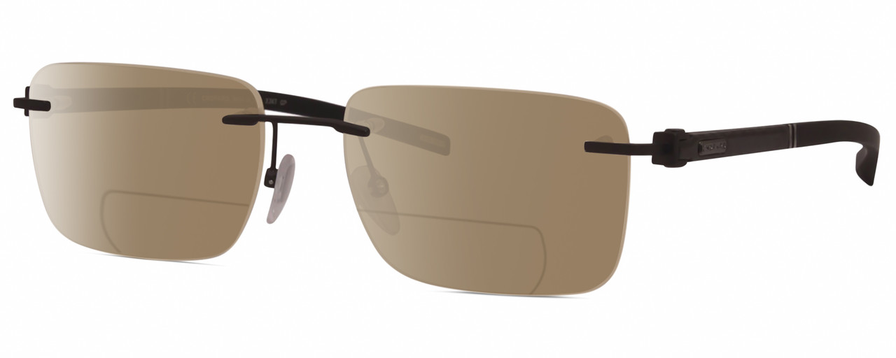 Profile View of Chopard VCHD84-0627 Designer Polarized Reading Sunglasses with Custom Cut Powered Amber Brown Lenses in Satin Gunmetal Grey Black Mens Rectangular Full Rim Metal 56 mm
