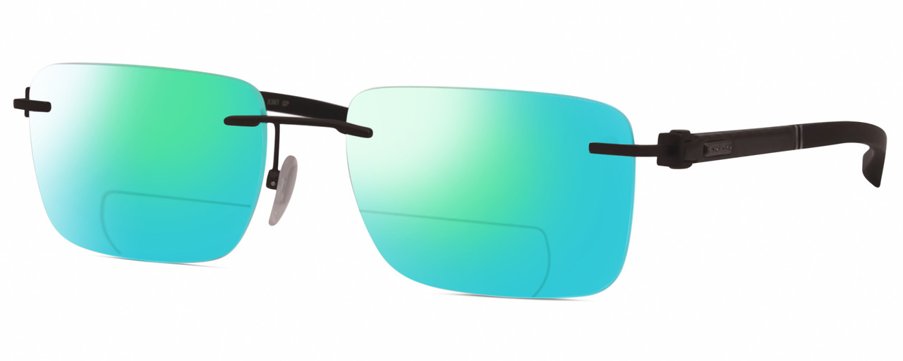 Profile View of Chopard VCHD84-0627 Designer Polarized Reading Sunglasses with Custom Cut Powered Green Mirror Lenses in Satin Gunmetal Grey Black Mens Rectangular Full Rim Metal 56 mm