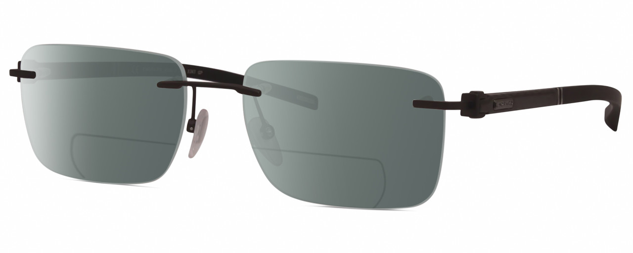 Profile View of Chopard VCHD84-0627 Designer Polarized Reading Sunglasses with Custom Cut Powered Smoke Grey Lenses in Satin Gunmetal Grey Black Mens Rectangular Full Rim Metal 56 mm
