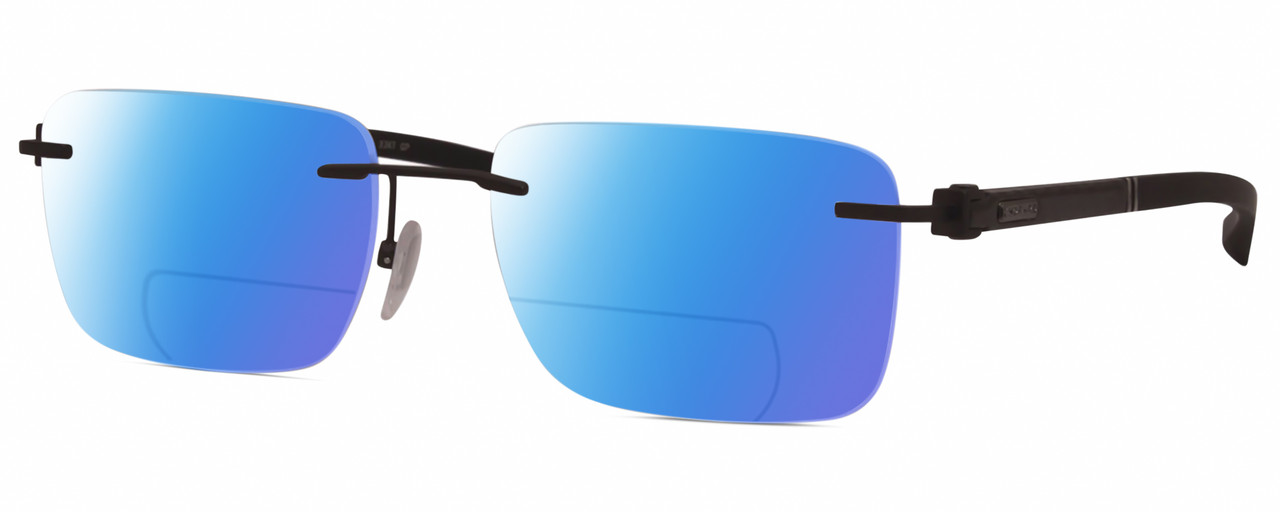 Profile View of Chopard VCHD84-0627 Designer Polarized Reading Sunglasses with Custom Cut Powered Blue Mirror Lenses in Satin Gunmetal Grey Black Mens Rectangular Full Rim Metal 56 mm