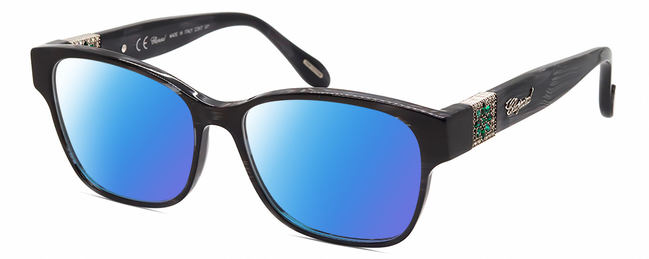 Profile View of Chopard VCH304S-09MS Designer Polarized Sunglasses with Custom Cut Blue Mirror Lenses in Gloss Black Grey Line Pattern/Silver Green Gemstone Flower Accent Ladies Cat Eye Full Rim Acetate 54 mm