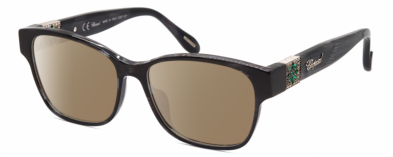 Profile View of Chopard VCH304S-09MS Designer Polarized Sunglasses with Custom Cut Amber Brown Lenses in Gloss Black Grey Line Pattern/Silver Green Gemstone Flower Accent Ladies Cat Eye Full Rim Acetate 54 mm