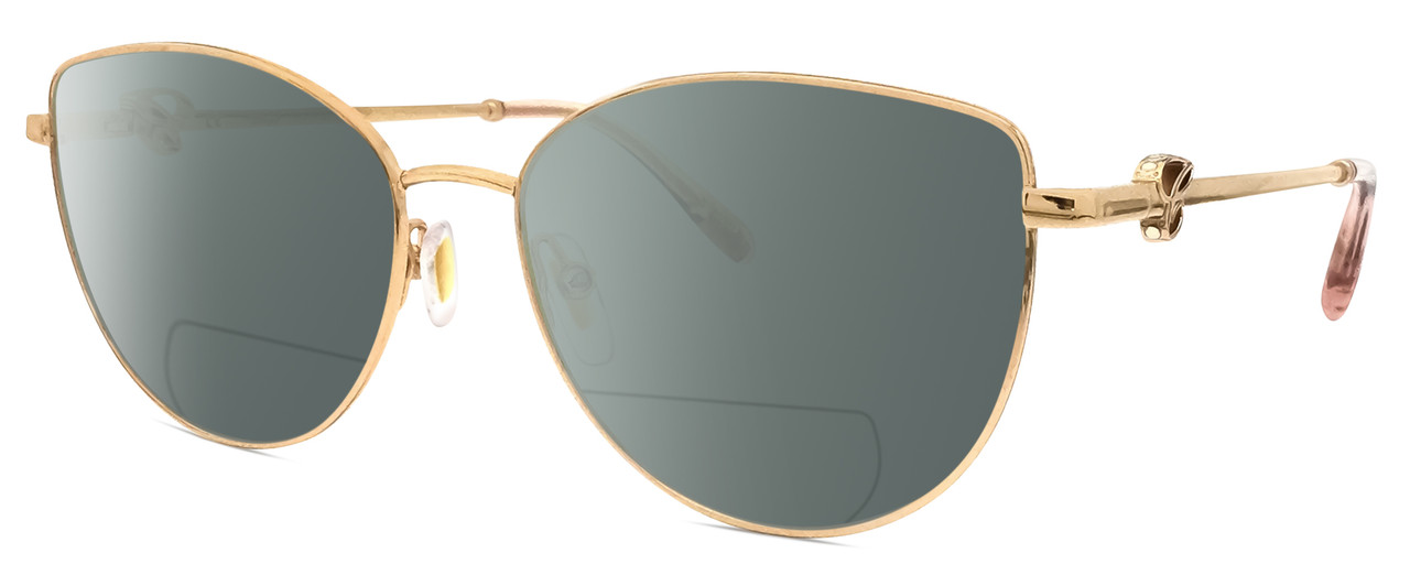 Profile View of Chopard VCHF51S-08FC Designer Polarized Reading Sunglasses with Custom Cut Powered Smoke Grey Lenses in Shiny 23KT Gold Plated/Pink Crystal/Gemstone Accent Ladies Cat Eye Full Rim Metal 54 mm