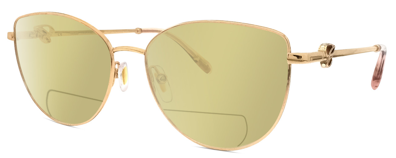 Profile View of Chopard VCHF51S-08FC Designer Polarized Reading Sunglasses with Custom Cut Powered Sun Flower Yellow Lenses in Shiny 23KT Gold Plated/Pink Crystal/Gemstone Accent Ladies Cat Eye Full Rim Metal 54 mm