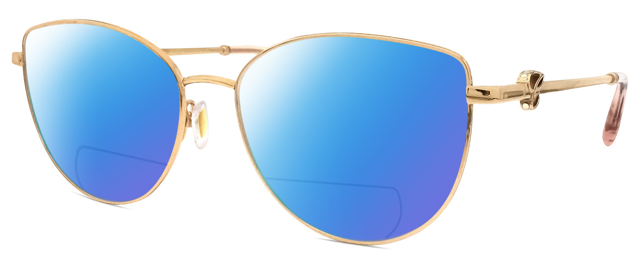 Profile View of Chopard VCHF51S-08FC Designer Polarized Reading Sunglasses with Custom Cut Powered Blue Mirror Lenses in Shiny 23KT Gold Plated/Pink Crystal/Gemstone Accent Ladies Cat Eye Full Rim Metal 54 mm