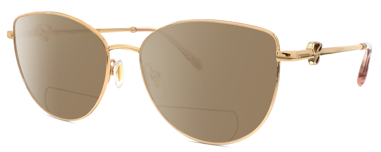 Profile View of Chopard VCHF51S-08FC Designer Polarized Reading Sunglasses with Custom Cut Powered Amber Brown Lenses in Shiny 23KT Gold Plated/Pink Crystal/Gemstone Accent Ladies Cat Eye Full Rim Metal 54 mm
