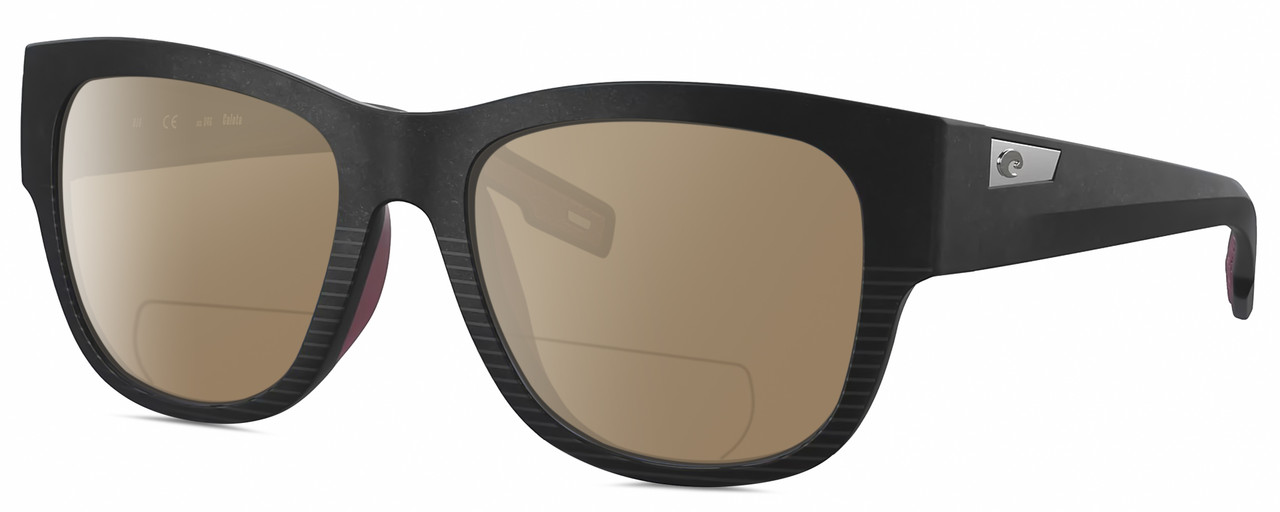 Profile View of Costa Del Mar Caleta Designer Polarized Reading Sunglasses with Custom Cut Powered Amber Brown Lenses in Matte Black Plum Purple Unisex Square Full Rim Acetate 55 mm
