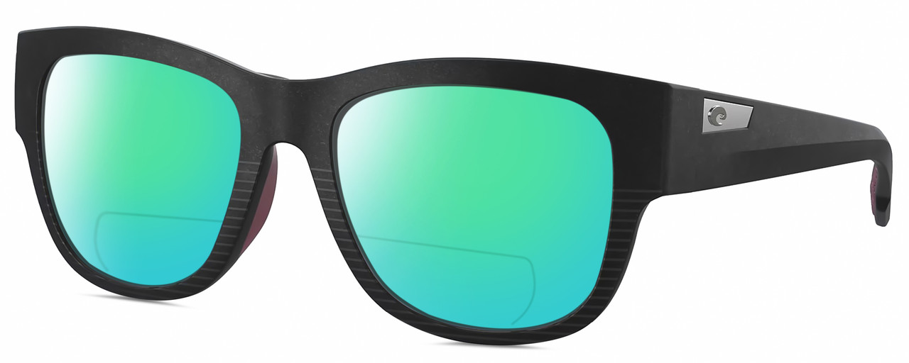 Profile View of Costa Del Mar Caleta Designer Polarized Reading Sunglasses with Custom Cut Powered Green Mirror Lenses in Matte Black Plum Purple Unisex Square Full Rim Acetate 55 mm