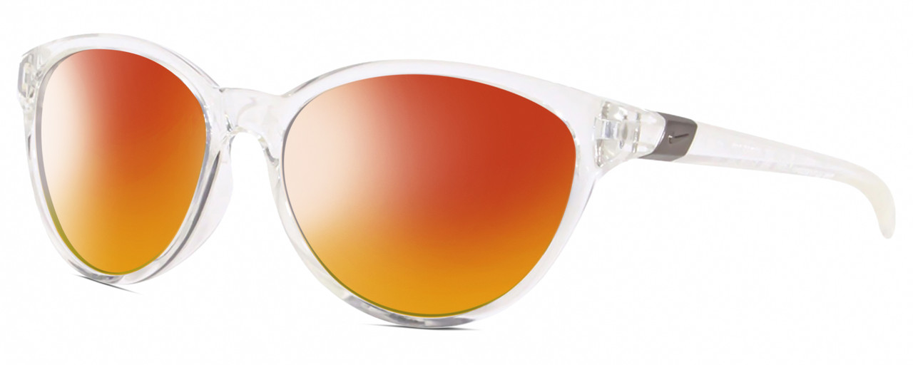 Profile View of NIKE CITY PERSONA DJ Designer Polarized Sunglasses with Custom Cut Red Mirror Lenses in Clear Crystal Shiny Gunmetal Unisex Oval Full Rim Acetate 57 mm