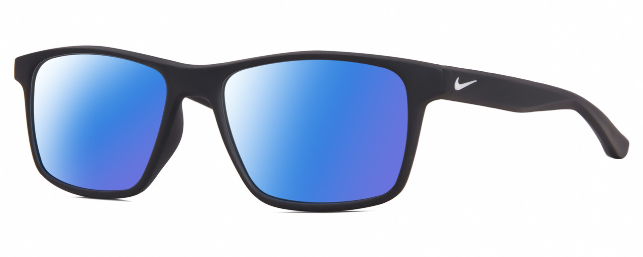Profile View of NIKE WHIZ EV1160 Designer Polarized Sunglasses with Custom Cut Blue Mirror Lenses in Matte Anthracite Grey White Unisex Rectangular Full Rim Acetate 48 mm
