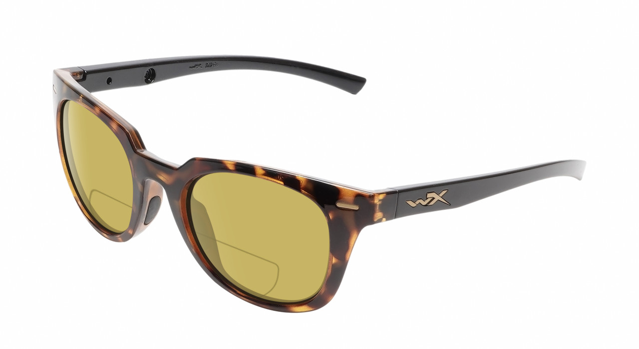 Profile View of Wiley-X Ultra Captivate Designer Polarized Reading Sunglasses with Custom Cut Powered Sun Flower Yellow Lenses in Gloss Amber Brown Tortoise Havana Black Gold Ladies Panthos Full Rim Acetate 51 mm