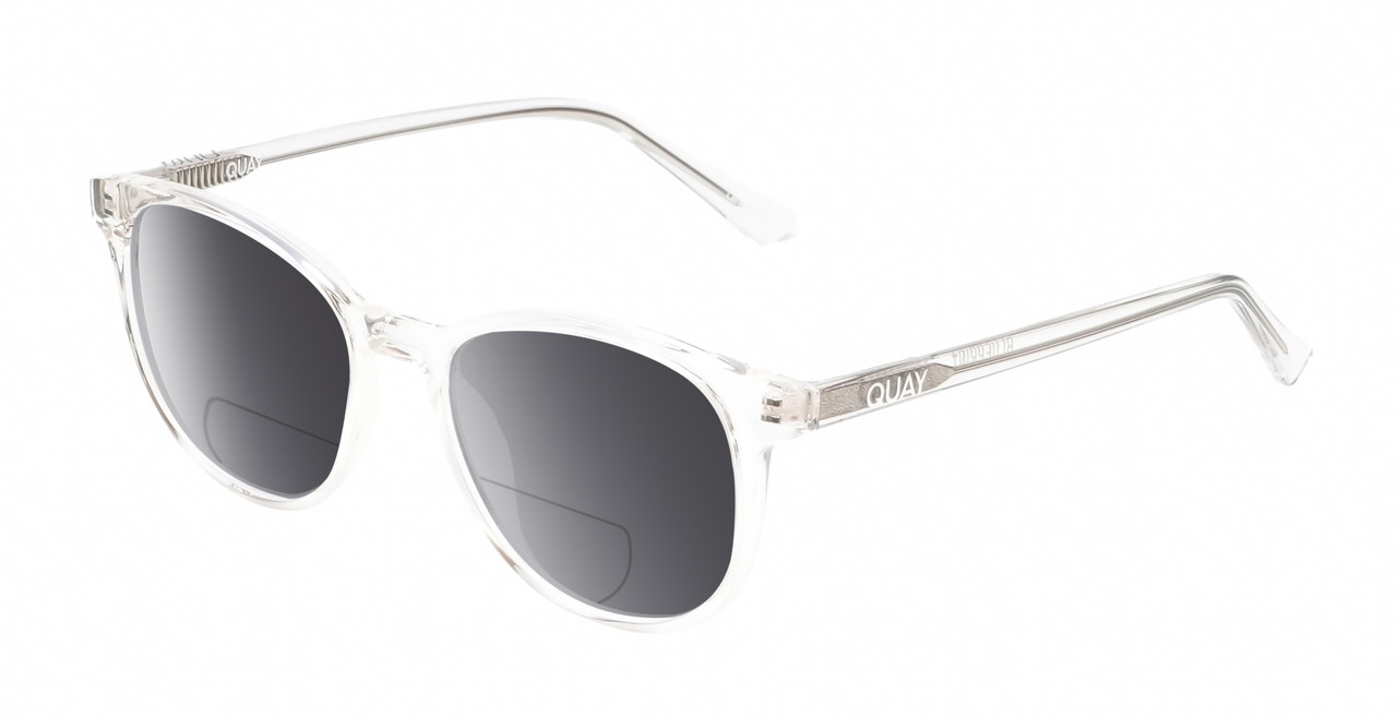 Profile View of QUAY Australia Blueprint Designer Polarized Reading Sunglasses with Custom Cut Powered Smoke Grey Lenses in Clear Crystal Silver Unisex Round Full Rim Acetate 51 mm