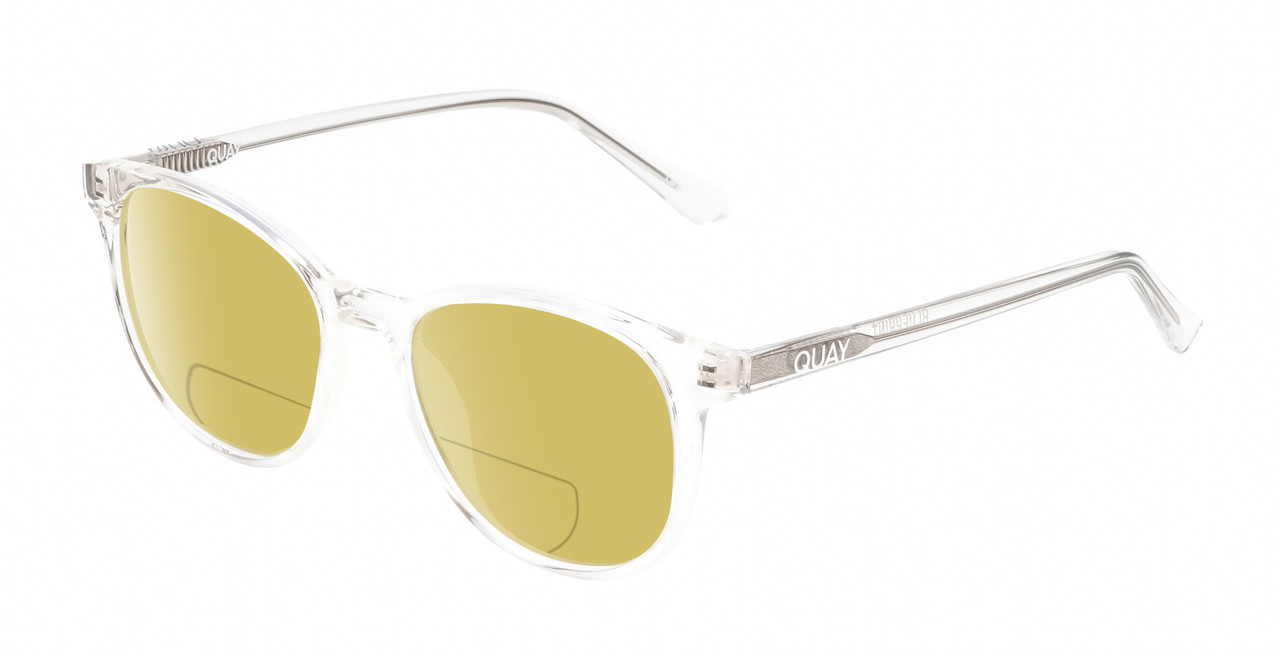 Profile View of QUAY Australia Blueprint Designer Polarized Reading Sunglasses with Custom Cut Powered Sun Flower Yellow Lenses in Clear Crystal Silver Unisex Round Full Rim Acetate 51 mm