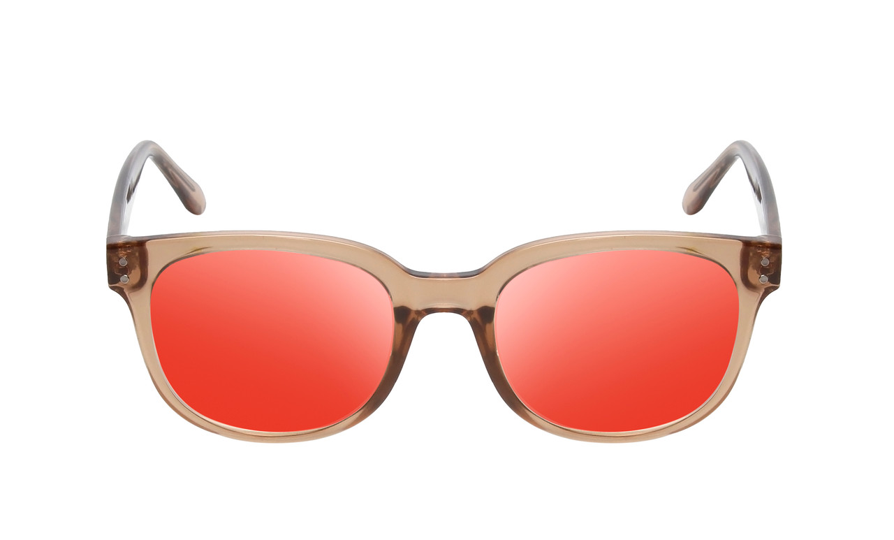 Front View of BCBG BAR104BL Designer Polarized Sunglasses with Custom Cut Red Mirror Lenses in Nude Brown Crystal  Unisex Panthos Full Rim Acetate 52 mm