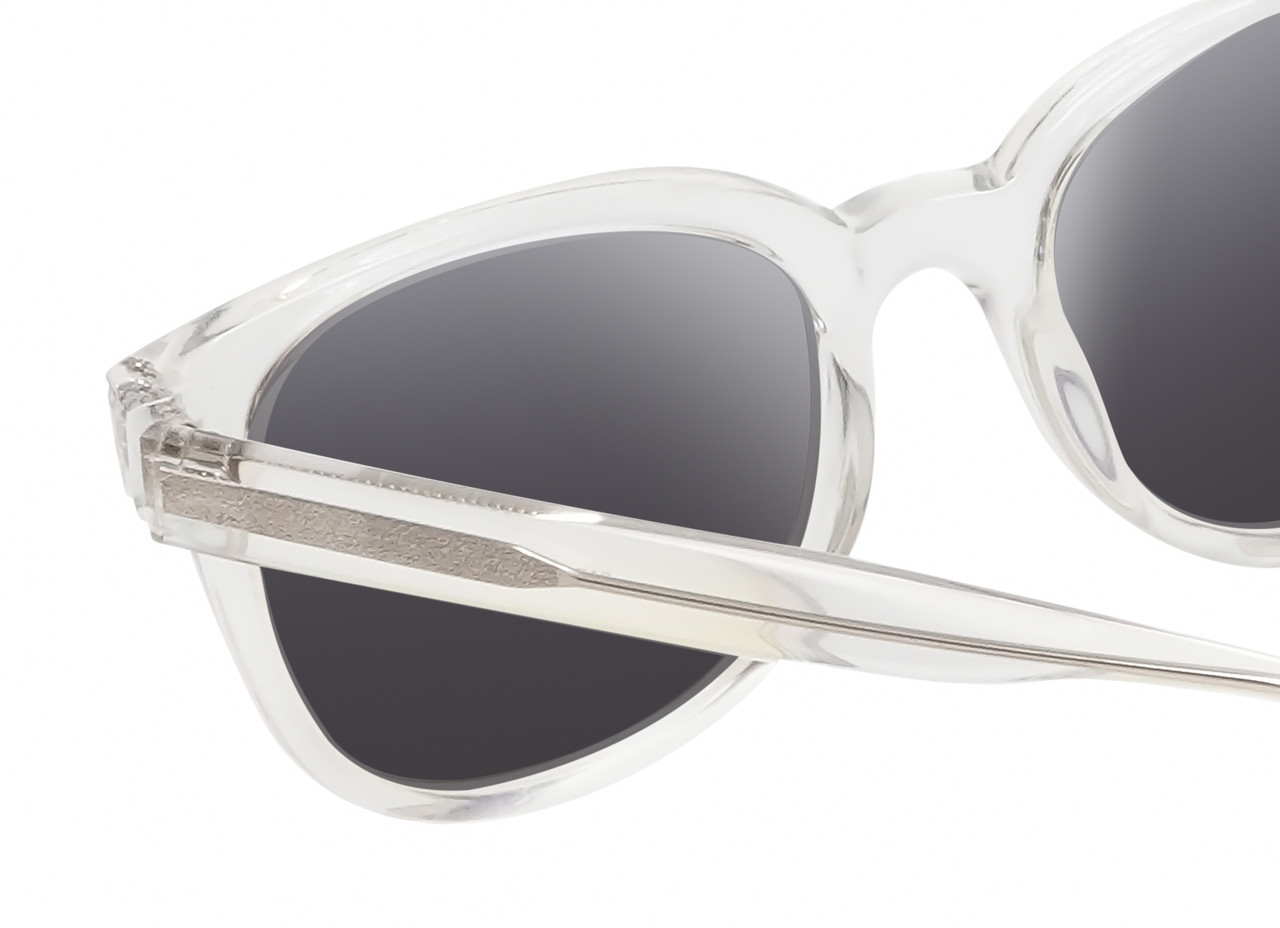 Close Up View of BCBG BAR104BL Designer Polarized Sunglasses with Custom Cut Smoke Grey Lenses in Clear Crystal Glitter Unisex Panthos Full Rim Acetate 52 mm