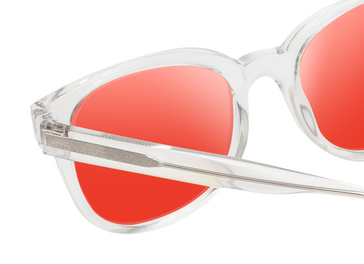 Close Up View of BCBG BAR104BL Designer Polarized Sunglasses with Custom Cut Red Mirror Lenses in Clear Crystal Glitter Unisex Panthos Full Rim Acetate 52 mm
