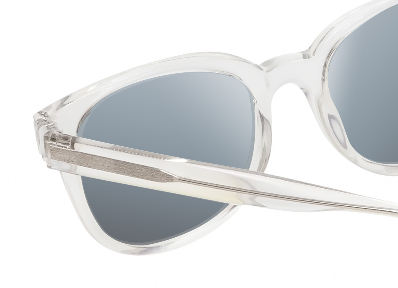 Close Up View of BCBG BAR104BL Unisex Pantho Polarized Sunglasses in Clear Crystal 52mm with Silver Mirror Lenses