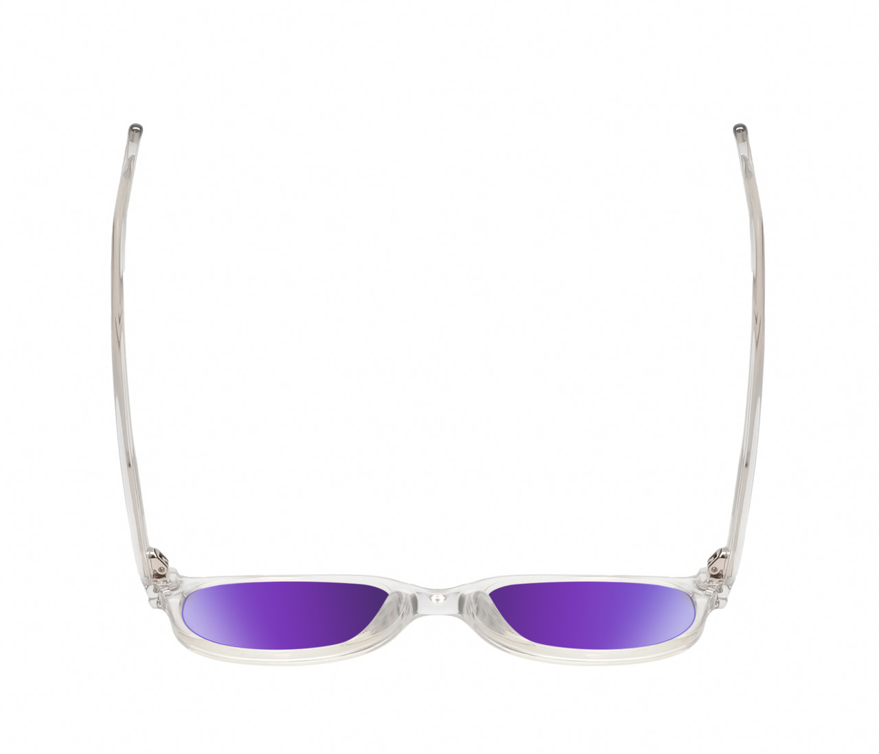 Top View of BCBG BAR104BL Unisex Pantho Polarized Sunglasses in Clear Crystal 52mm with Purple Mirror Lenses