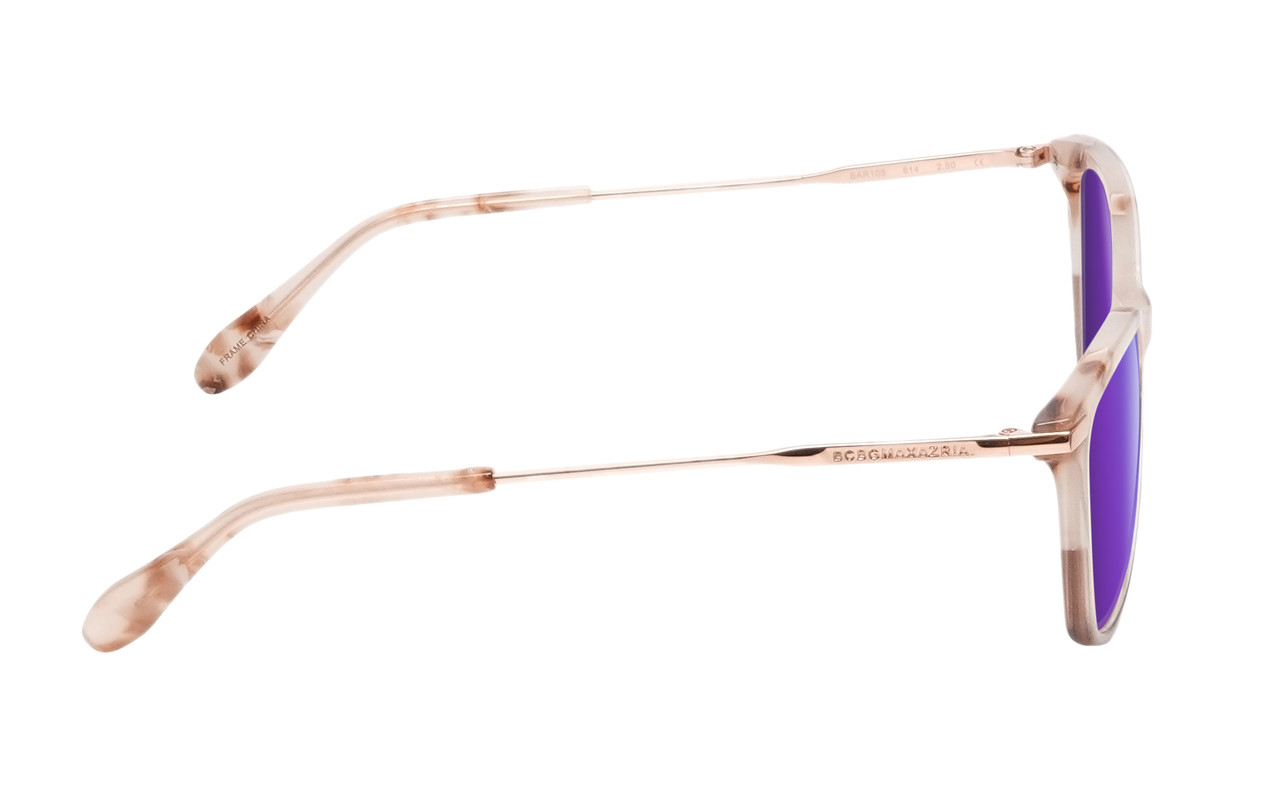 Side View of BCBG BAR105 Unisex Cat Eye Polarized Sunglasses in Red Rose Gold 52 mm with Purple Mirror Lenses