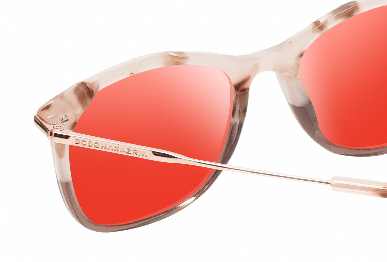 Close Up View of BCBG BAR105 Designer Polarized Sunglasses with Custom Cut Red Mirror Lenses in Crimson Maroon Red Rose Gold  Unisex Cat Eye Full Rim Acetate 52 mm