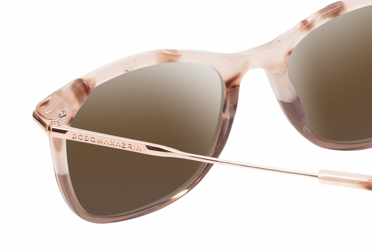 Close Up View of BCBG BAR105 Designer Polarized Sunglasses with Custom Cut Amber Brown Lenses in Crimson Maroon Red Rose Gold  Unisex Cat Eye Full Rim Acetate 52 mm