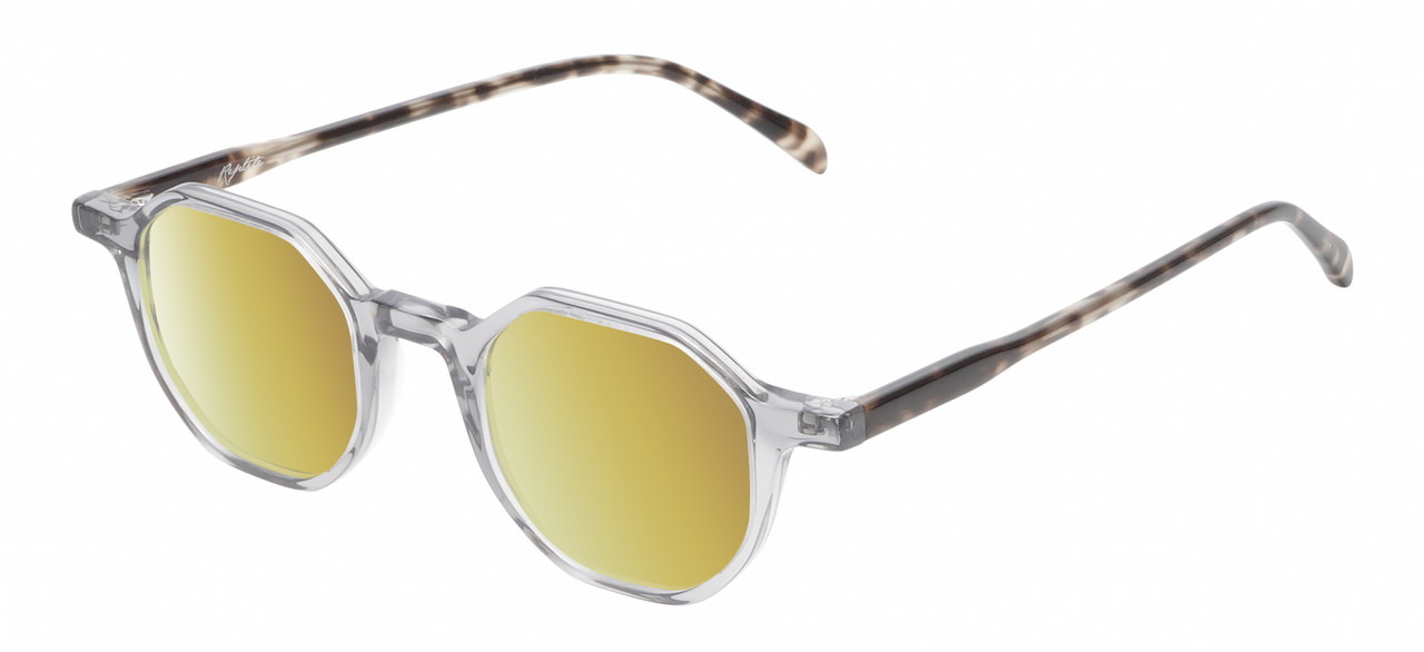 Profile View of Reptile Softshell Unisex Polarized Sunglasses Grey Crystal Tortoise Havana 45 mm with Custom Cut Gold Mirror Lenses
