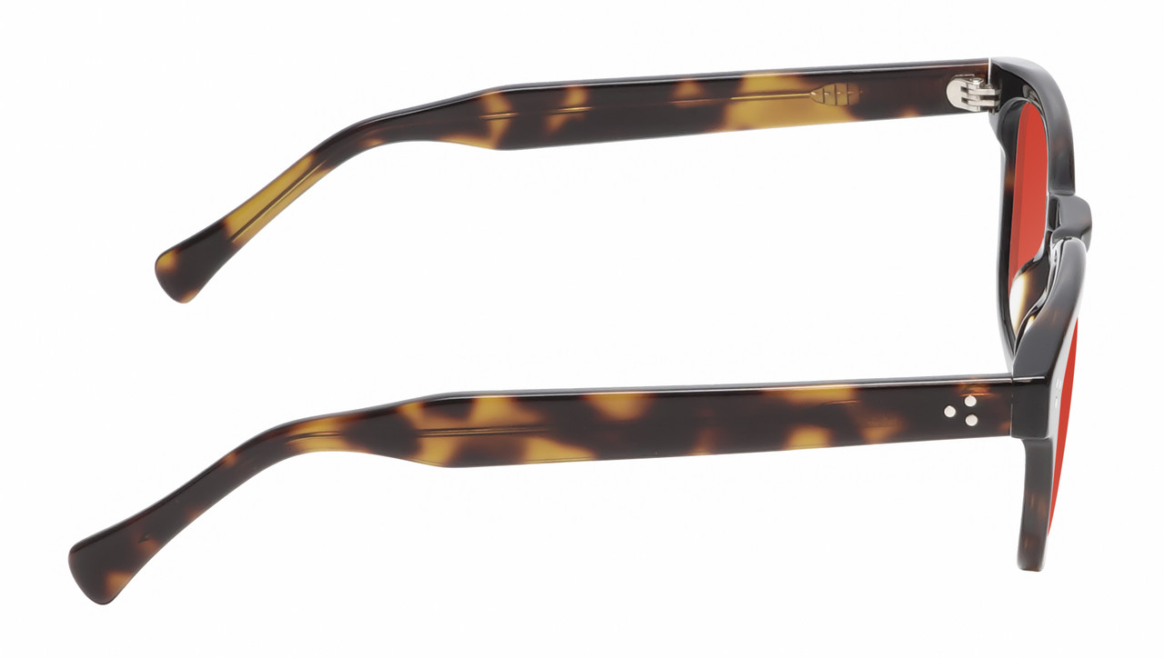 Side View of Reptile Chelidae Designer Polarized Sunglasses with Custom Cut Red Mirror Lenses in Amber Brown Tortoise Havana Crystal Unisex Panthos Full Rim Acetate 49 mm