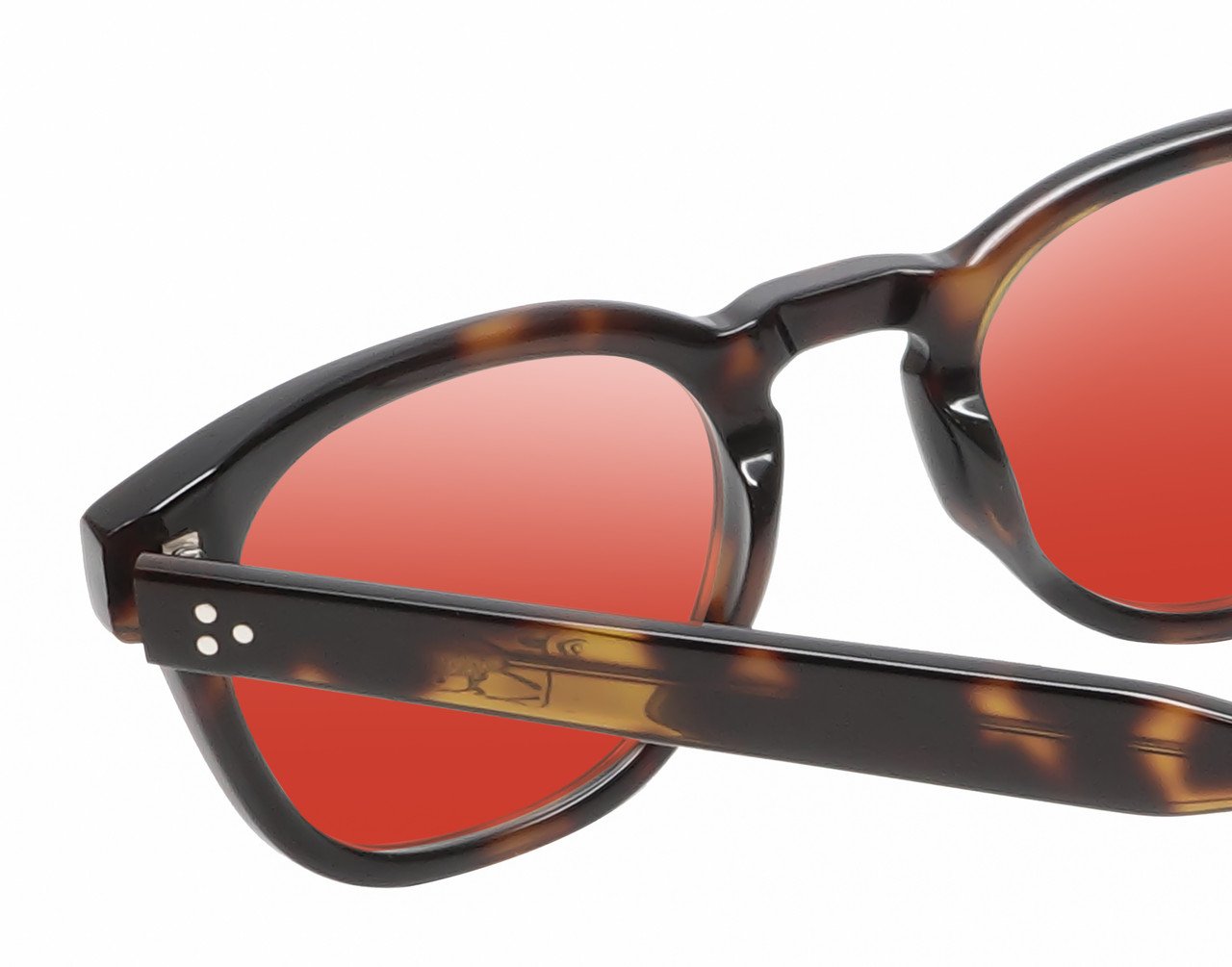 Close Up View of Reptile Chelidae Designer Polarized Sunglasses with Custom Cut Red Mirror Lenses in Amber Brown Tortoise Havana Crystal Unisex Panthos Full Rim Acetate 49 mm