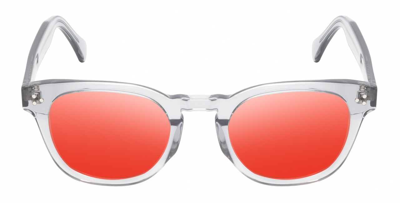 Front View of Reptile Chelidae Designer Polarized Sunglasses with Custom Cut Red Mirror Lenses in Smoke Grey Crystal Unisex Panthos Full Rim Acetate 49 mm