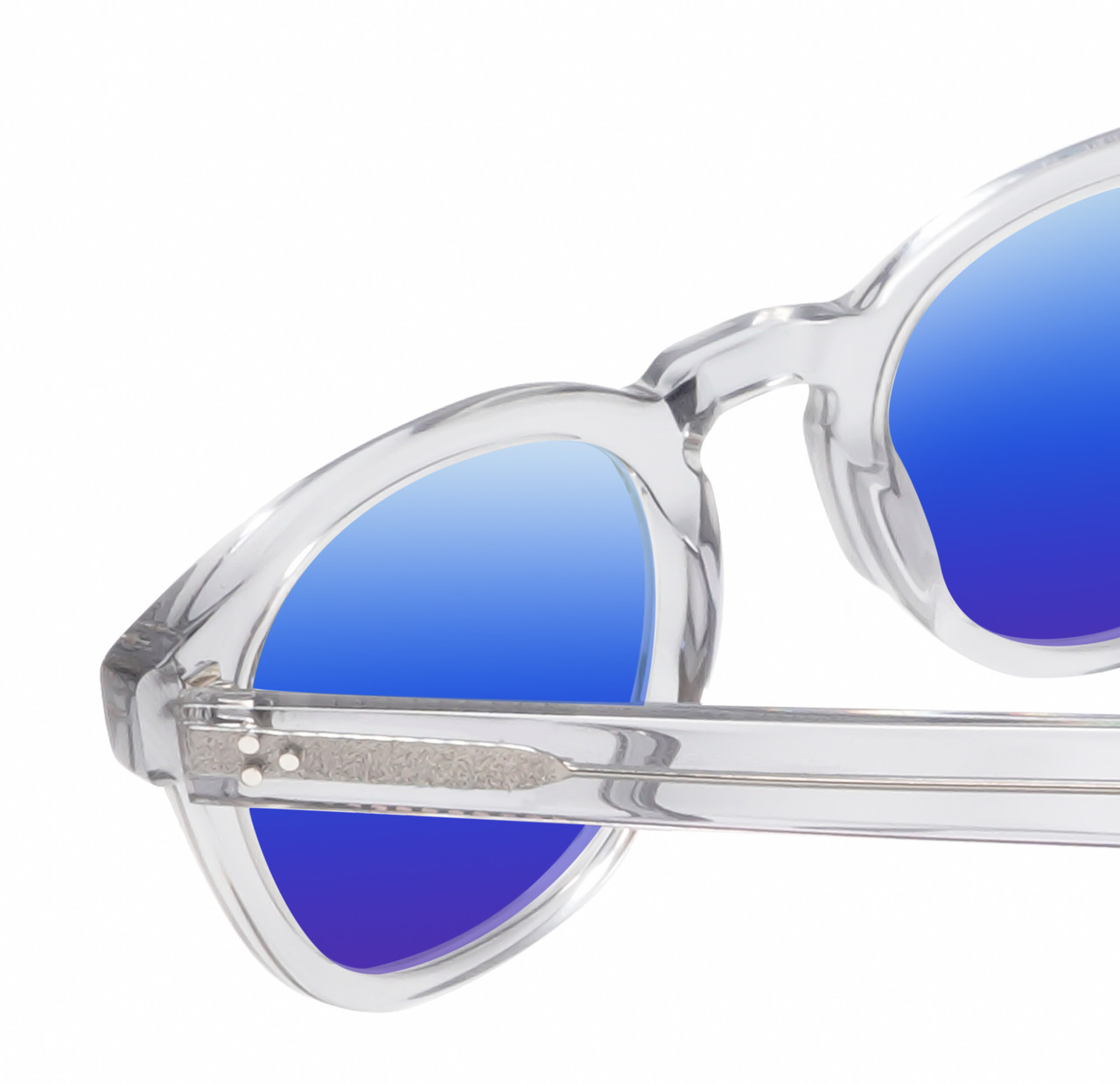 Close Up View of Reptile Chelidae Designer Polarized Sunglasses with Custom Cut Blue Mirror Lenses in Smoke Grey Crystal Unisex Panthos Full Rim Acetate 49 mm