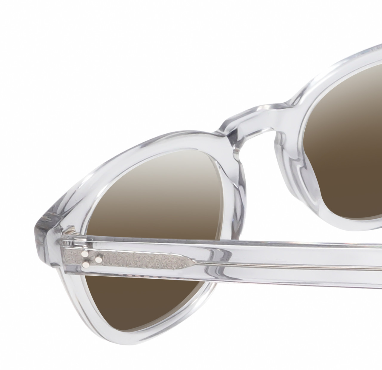 Close Up View of Reptile Chelidae Designer Polarized Sunglasses with Custom Cut Amber Brown Lenses in Smoke Grey Crystal Unisex Panthos Full Rim Acetate 49 mm