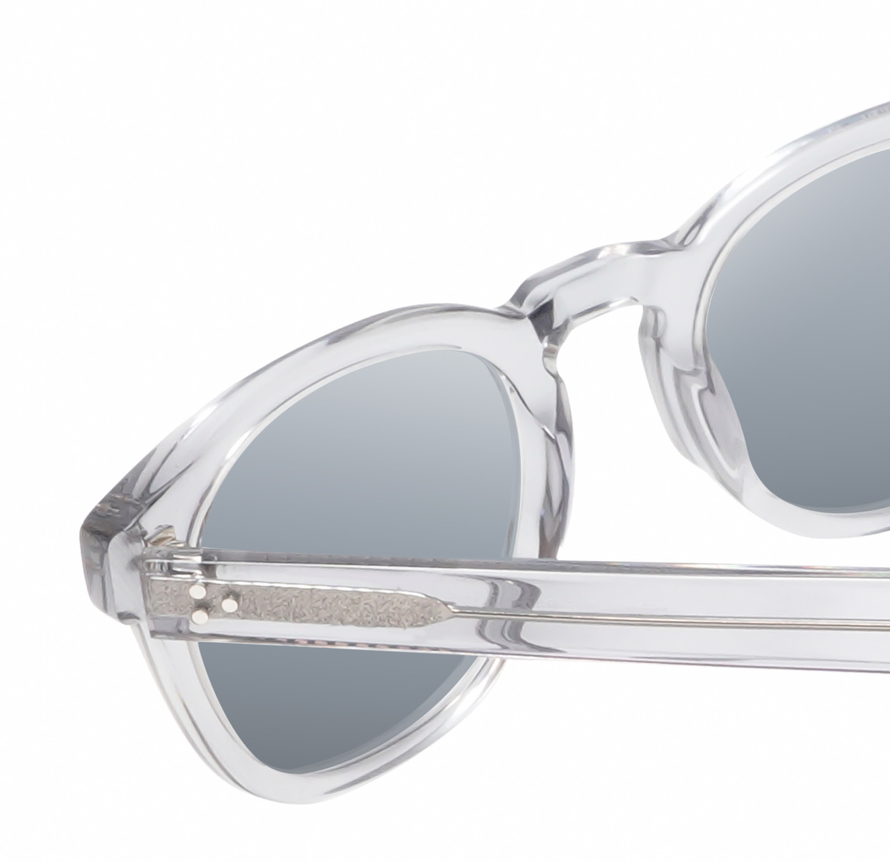 Close Up View of Reptile Chelidae Unisex Designer Polarized Sunglasses in Grey Crystal 49mm 4 Opt with Custom Cut Purple Mirror Lenses