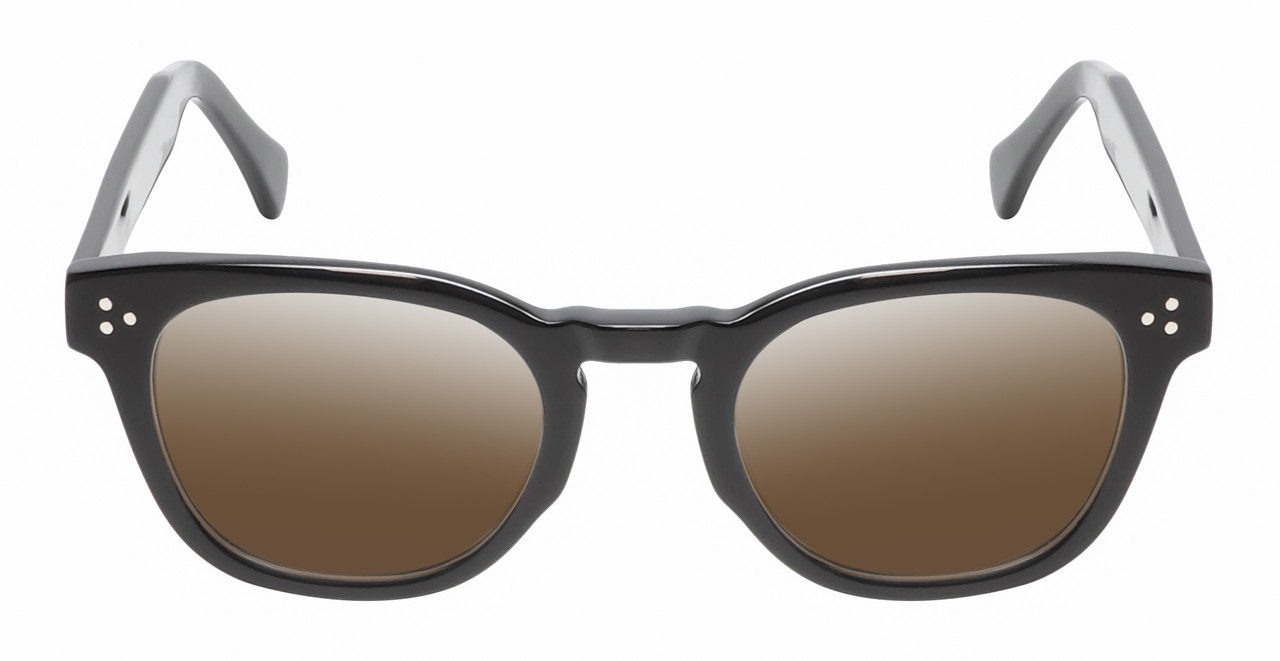 Front View of Reptile Chelidae Designer Polarized Sunglasses with Custom Cut Amber Brown Lenses in Gloss Black Unisex Panthos Full Rim Acetate 49 mm