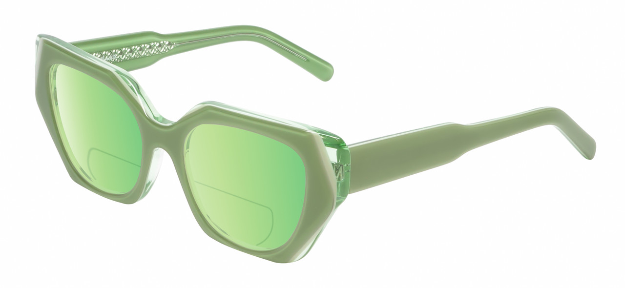 Profile View of Reptile Cryptodira Designer Polarized Reading Sunglasses with Custom Cut Powered Green Mirror Lenses in 3-Tone Green Crystal Ladies Butterfly Full Rim Acetate 55 mm