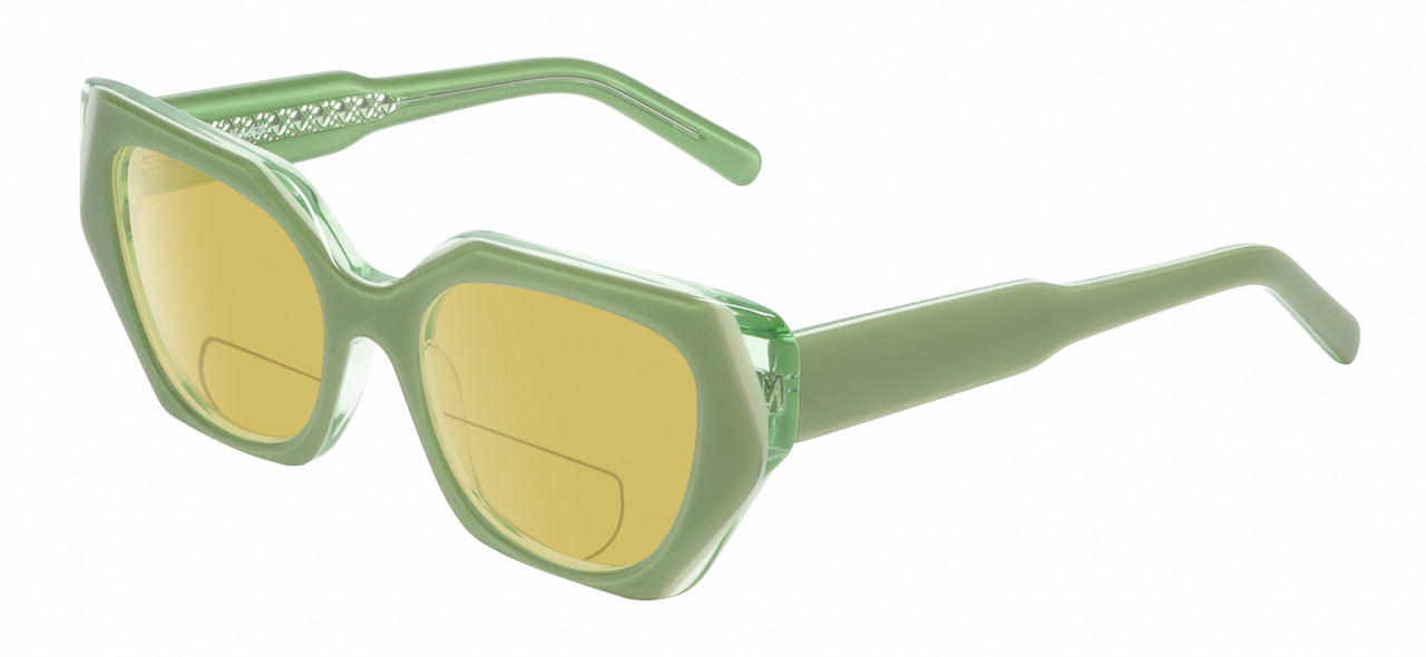 Profile View of Reptile Cryptodira Designer Polarized Reading Sunglasses with Custom Cut Powered Sun Flower Yellow Lenses in 3-Tone Green Crystal Ladies Butterfly Full Rim Acetate 55 mm