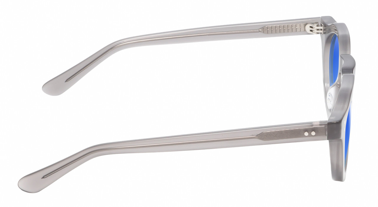 Side View of Reptile Malayemys Designer Polarized Sunglasses with Custom Cut Blue Mirror Lenses in Smoke Grey Crystal Ladies Panthos Full Rim Acetate 44 mm