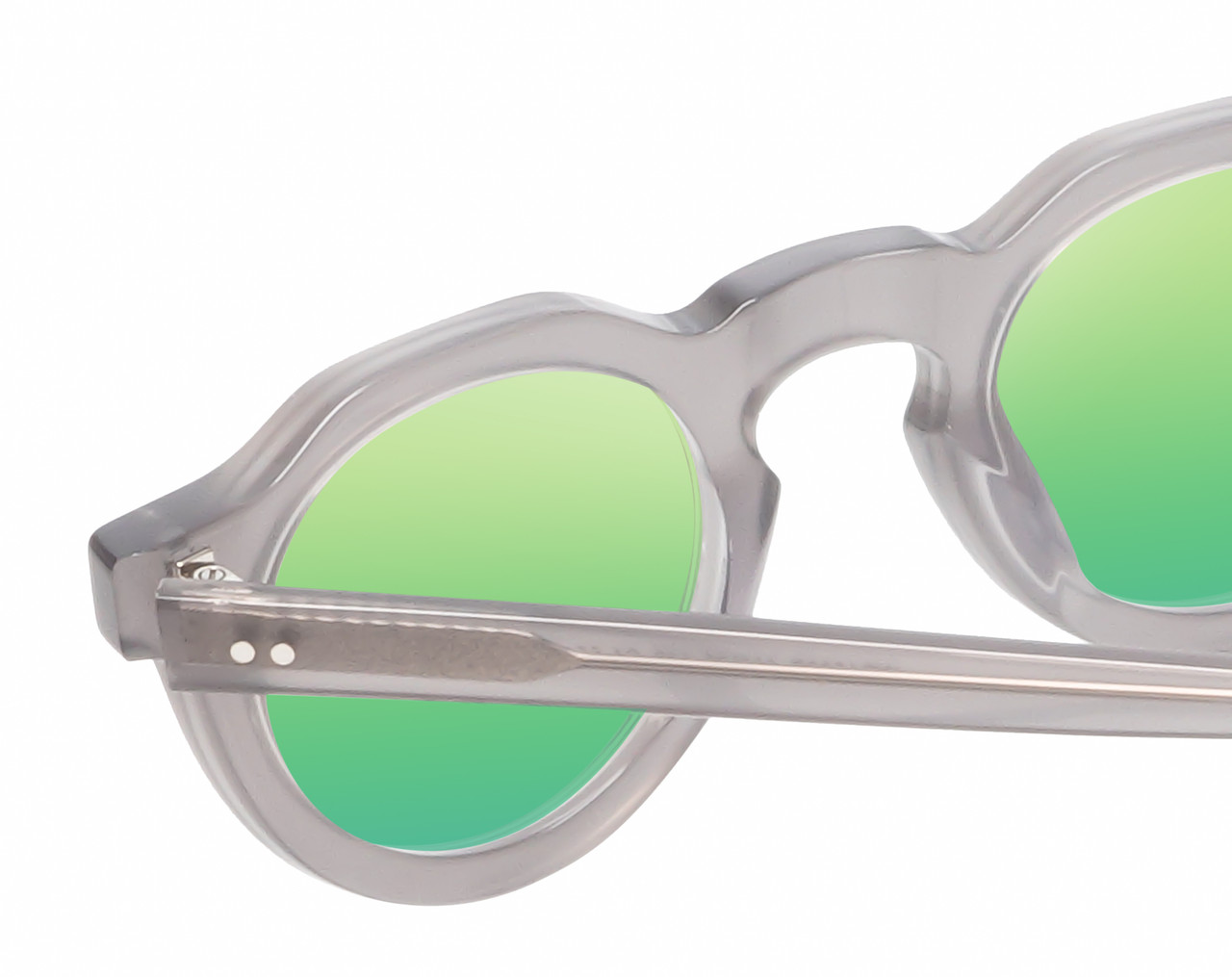 Close Up View of Reptile Malayemys Women's Designer Polarized Sunglasses Grey Crystal 44mm 4 Opt. with Custom Cut Green Mirror Lenses