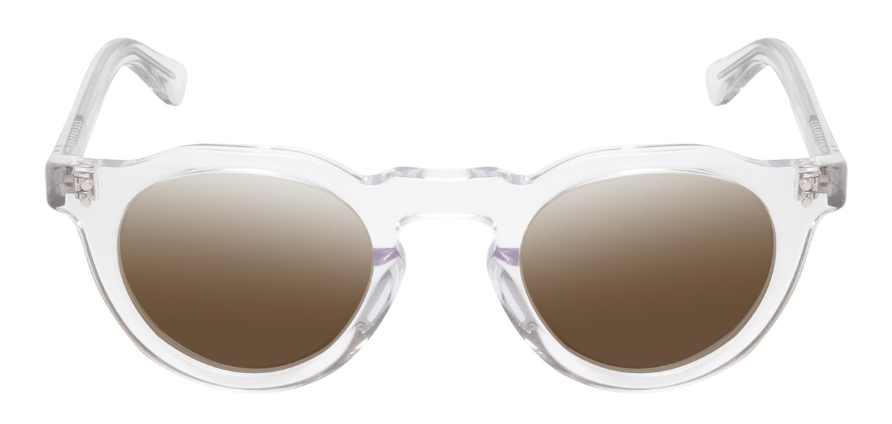 Front View of Reptile Malayemys Designer Polarized Sunglasses with Custom Cut Amber Brown Lenses in Clear Crystal Ladies Panthos Full Rim Acetate 44 mm