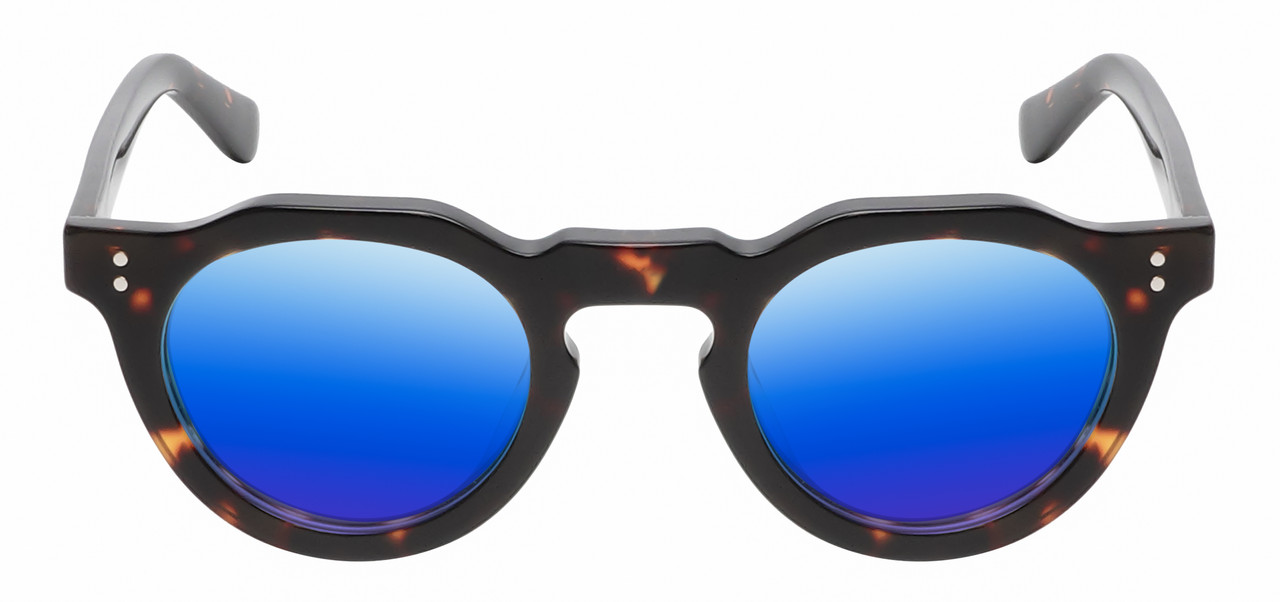 Front View of Reptile Malayemys Designer Polarized Sunglasses with Custom Cut Blue Mirror Lenses in Dark Brown Amber Tortoise Havana Ladies Panthos Full Rim Acetate 44 mm