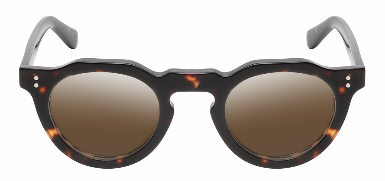 Front View of Reptile Malayemys Designer Polarized Sunglasses with Custom Cut Amber Brown Lenses in Dark Brown Amber Tortoise Havana Ladies Panthos Full Rim Acetate 44 mm