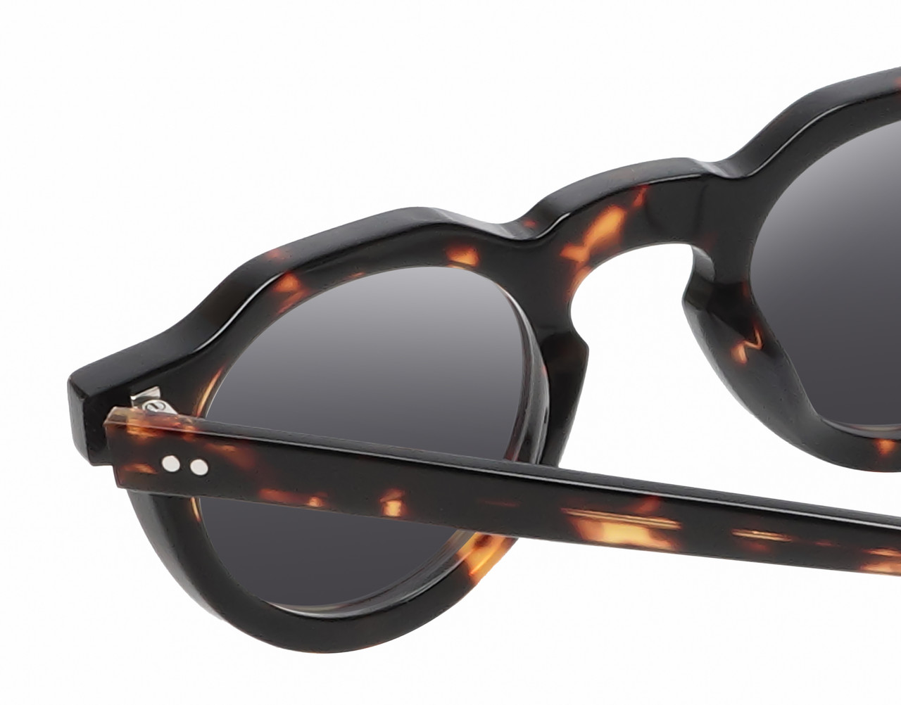 Close Up View of Reptile Malayemys Designer Polarized Sunglasses with Custom Cut Smoke Grey Lenses in Dark Brown Amber Tortoise Havana Ladies Panthos Full Rim Acetate 44 mm