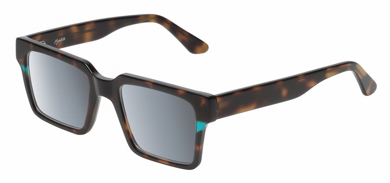 Profile View of Reptile Leatherback Unisex Polarized Sunglass Tortoise Havana Blue Crystal 52 mm with Custom Cut Purple Mirror Lenses